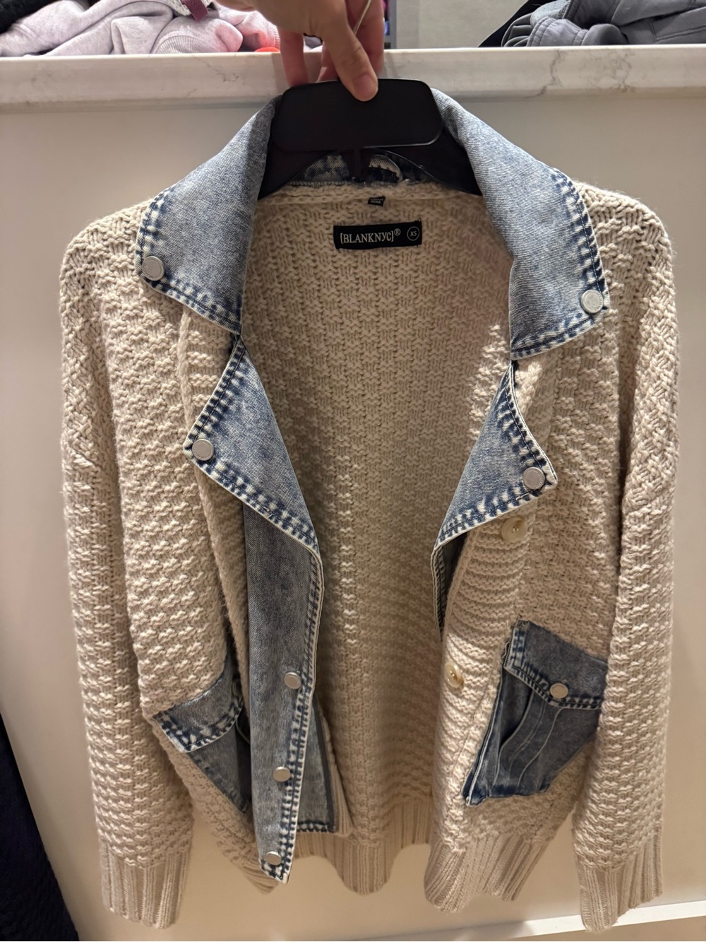 Blank NYC Cream Knit Cardigan with Light Blue Denim Trim